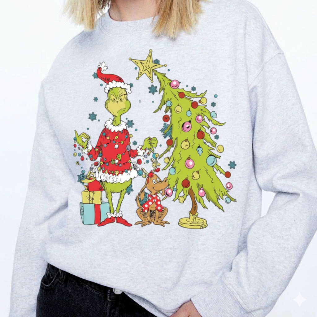 The Grinch Christmas | Decorating Whimsical Tree Design — Funny Holiday Sweatshirt | Hypetops - Image 2