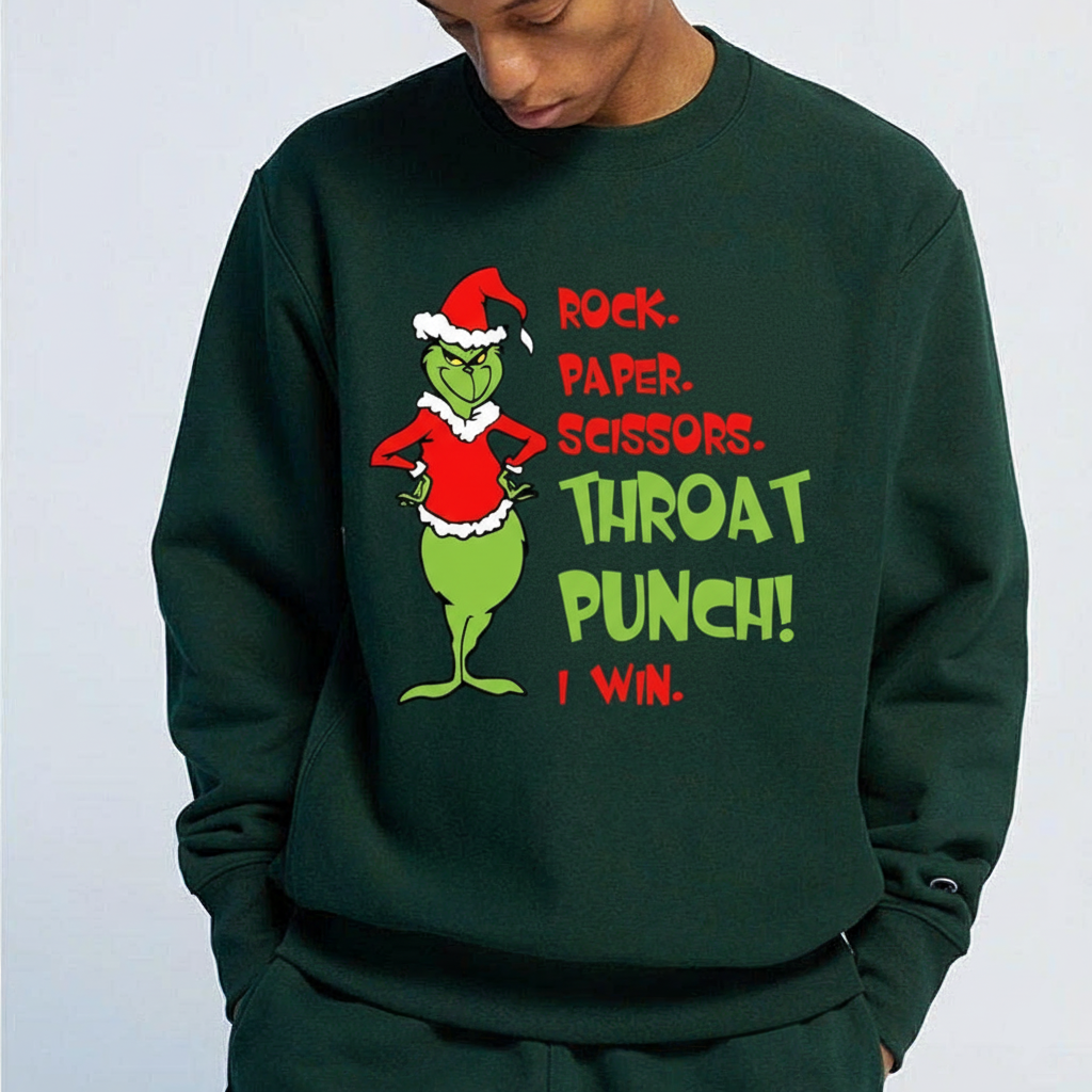 The Grinch Christmas | “Rock Paper Scissors Throat Punch” Funny Quote — Holiday Sweatshirt | Hypetops - Image 2