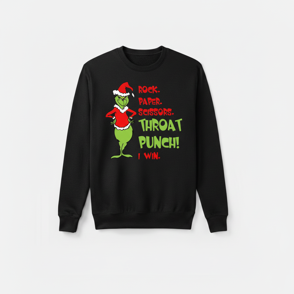The Grinch Christmas | “Rock Paper Scissors Throat Punch” Funny Quote — Holiday Sweatshirt | Hypetops - Image 3
