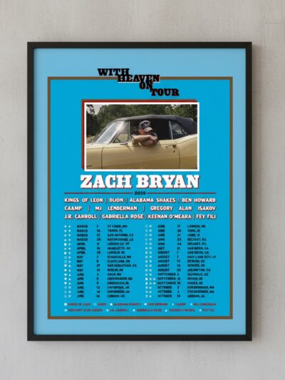 Zach Bryan 2026 “With Heaven On Tour” Poster | Retro Blue Tour Date & Lineup Wall Art