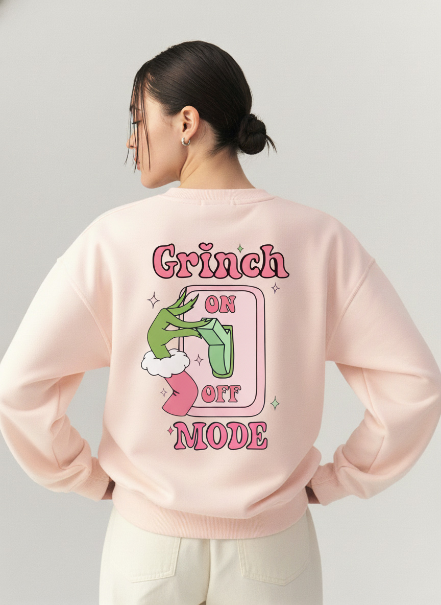 Grinch Mode On Shirt – Double-Sided Pink Grinch Christmas Sweatshirt | Women’s Grinch Tumbler Girl Xmas Apparel