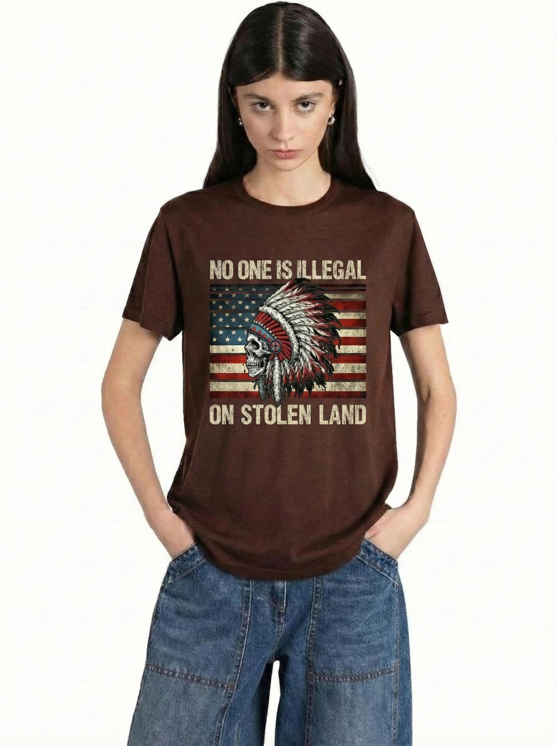 No One Is Illegal On Stolen Land Shirt | Vintage Immigration Human Rights Tee - Image 3